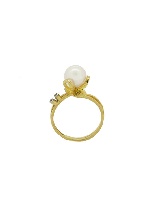 14K Yellow Gold Bread Ring with Pearl and Zircon and Pearl Bread Ring MD0004