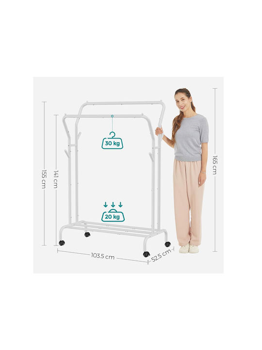 Songmics Wheeled Floor Garment Rack made of Metal White 103.5x52.5x155cm