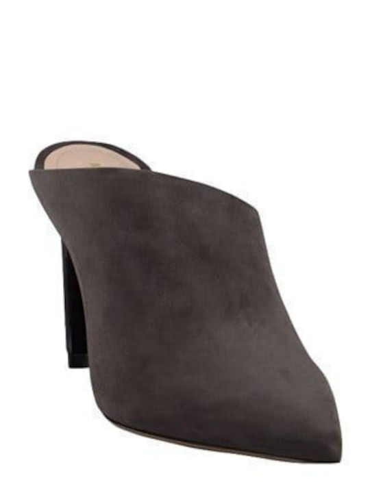 Suede Mules με Λεπτό Ψηλό Τακούνι σε Γκρι Χρώμα