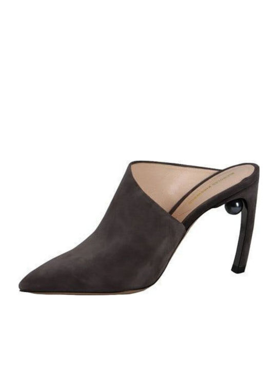 Suede Mules με Λεπτό Ψηλό Τακούνι σε Γκρι Χρώμα