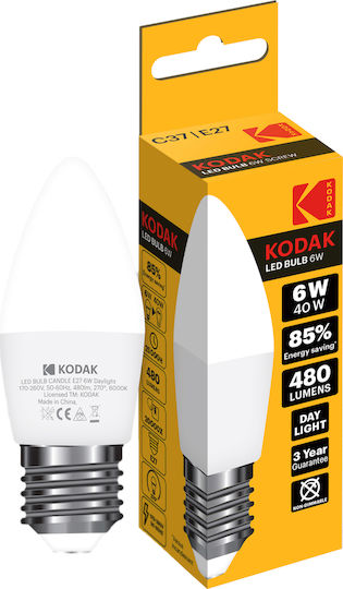 Kodak Λάμπα LED 6W για Ντουί E27 και Σχήμα C37 Ψυχρό Λευκό 480lm