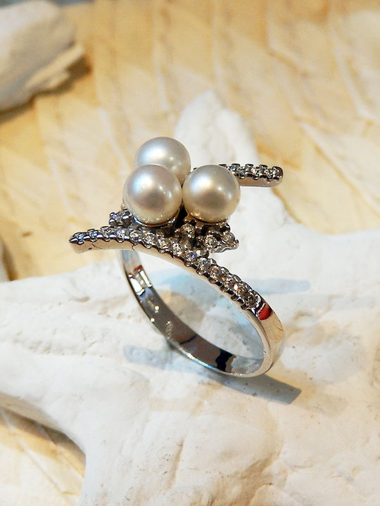 Polytimo Damen Ring mit Perlen aus Weißgold 14K