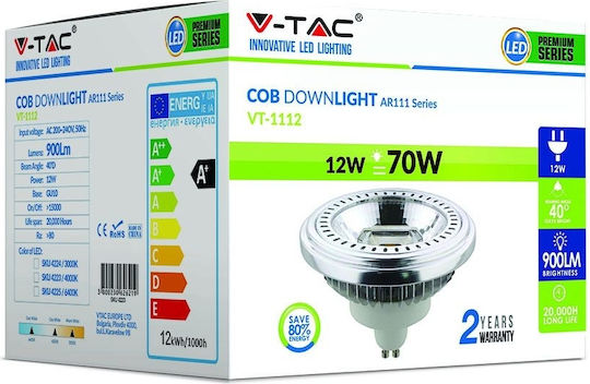 V-TAC LED Bulb 12W 91mm for Socket GU10 and Shape AR111 Cool White 900lm