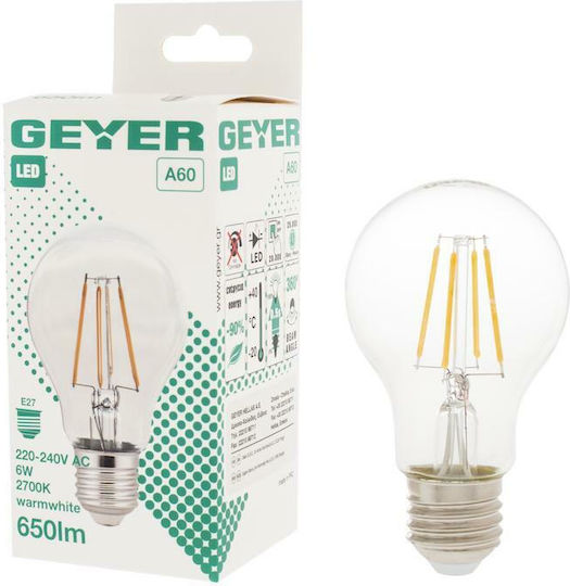 Geyer Filament Λάμπα LED 6W 106mm για Ντουί E27 και Σχήμα A60 Θερμό Λευκό 650lm