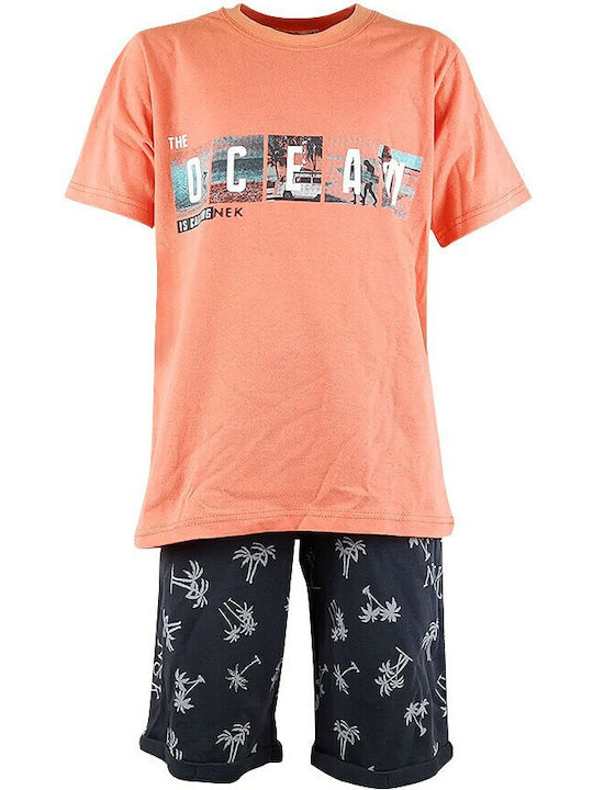 Nek Kids Wear Kids Set with Shorts Summer 2pcs Orange Σετ Βερούδα Με Μπλουζάκι 'Ocean'