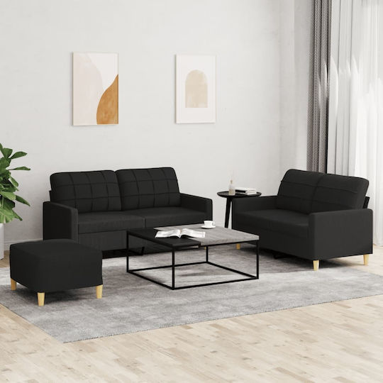 Living Room Furniture Set 3-Seater & 2-Seater & Stool Black