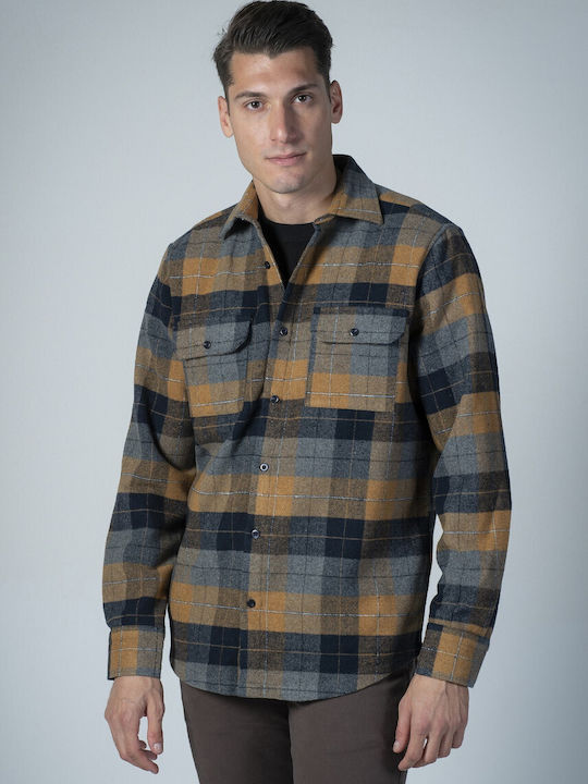 Dors Men's Shirt Overshirt Long Sleeve Flannel Checked Brown