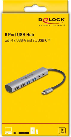 DeLock USB Хъб 6 Порта USB 2.0 с USB-C Сив