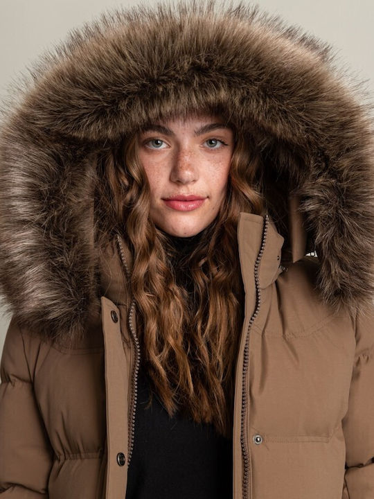 Women's Long Puffer Jacket for Winter with Hood Brown