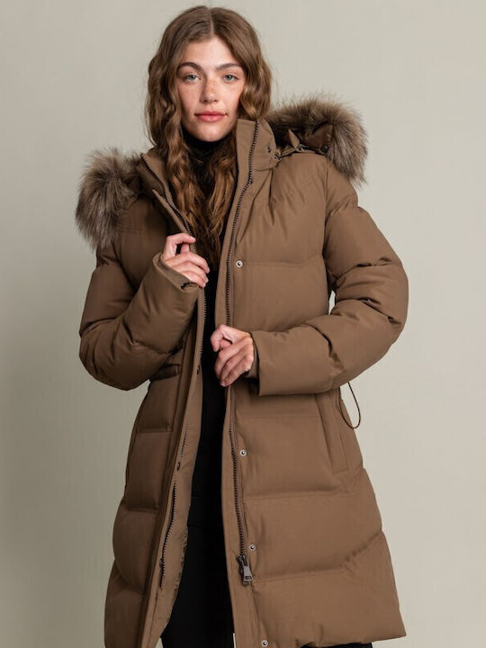 Women's Long Puffer Jacket for Winter with Hood Brown