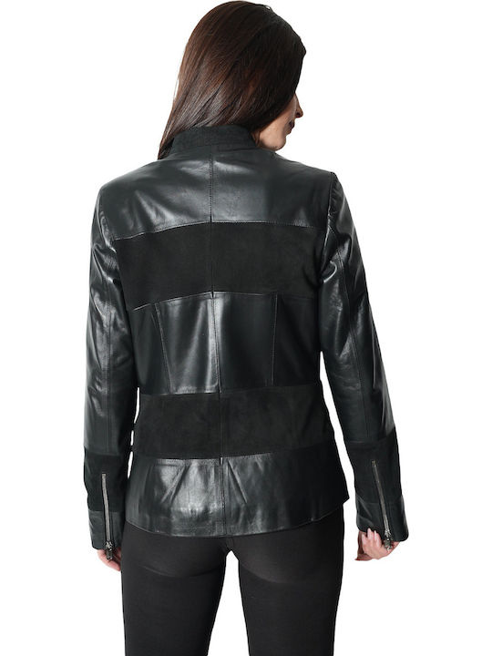Women's Short Lifestyle Leather Jacket for Winter Black