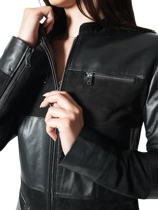 Women's Short Lifestyle Leather Jacket for Winter Black
