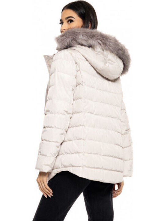 Women's Short Puffer Jacket for Winter with Hood White