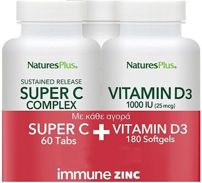 Nature's Plus Super C Complex And Vitamin D3 And Immune Zinc Multivitamin for Immune System Boost 1000mg 60 tabs 60 lozenges 180 softgels