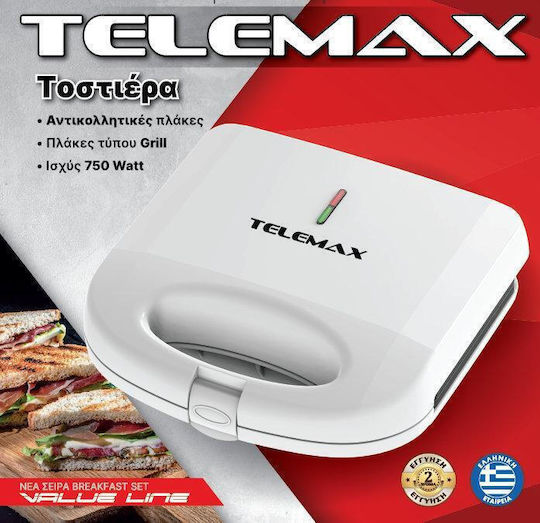 Telemax Τοστιέρα για 2 Τοστ 750W Λευκή