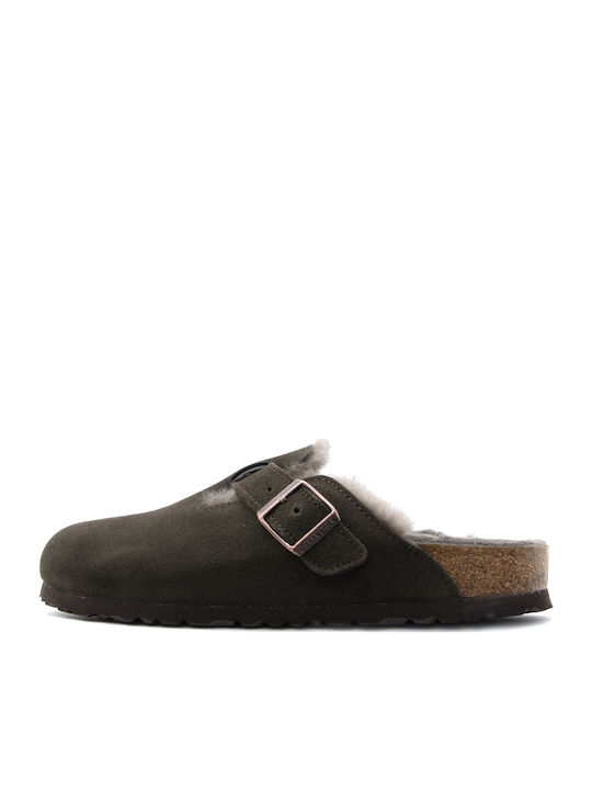 Boston Suede Shearling Χειμερινές Γυναικείες Παντόφλες με Γούνα Mocca Narrow Fit