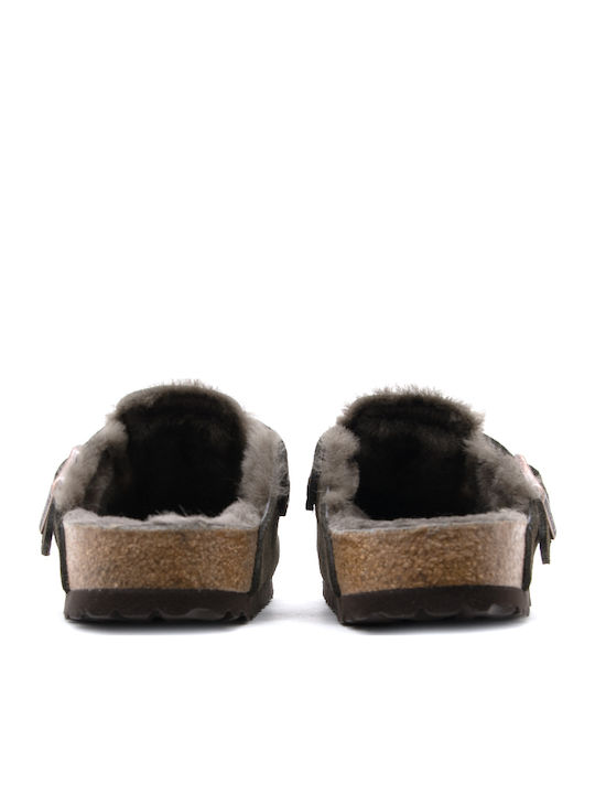 Boston Suede Shearling Χειμερινές Γυναικείες Παντόφλες με Γούνα Mocca Narrow Fit