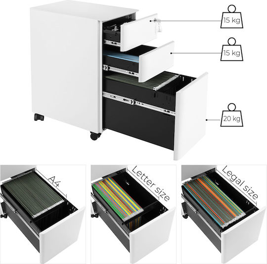Metal Office Drawer with Wheels and Lock White 46x30x59.2cm