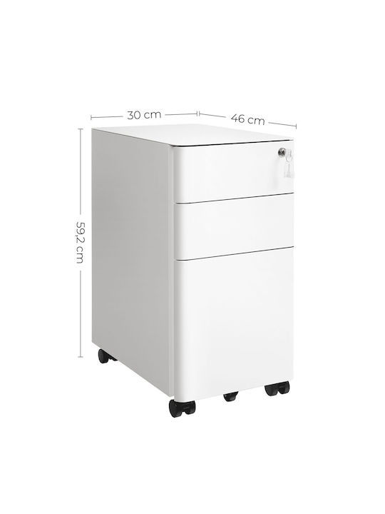 Office Storage Metal Drawer with Wheels, Lock & 3 Drawers White L46xW30xH59.2cm