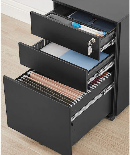 Büroaufbewahrungsschublade aus Metall mit Rädern und Schloss Schwarz 52x39x60cm