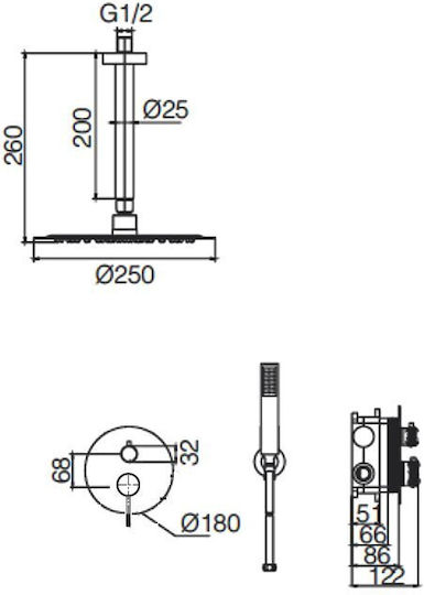 Imex Built-in Mixer & Shower Head Set for Shower 2 Exits Inox Silver