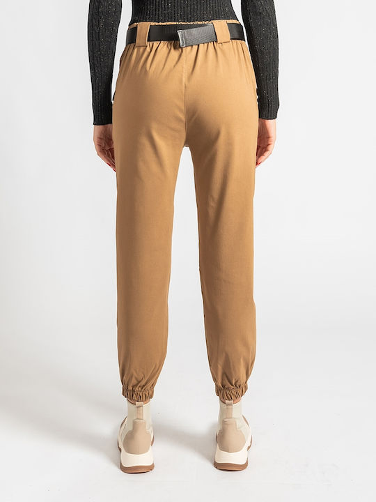 InShoes Μονόχρωμο Women's Fabric Trousers Camel