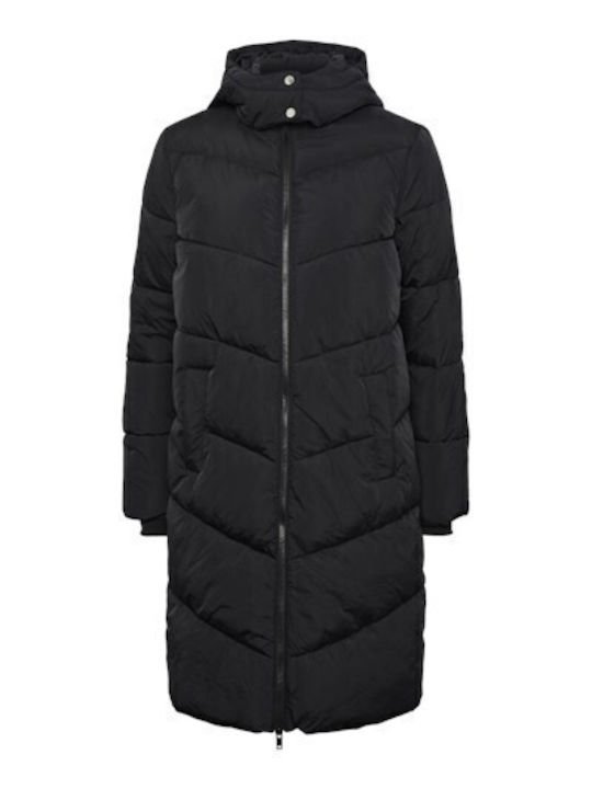 Women's Long Puffer Jacket for Winter with Hood Black