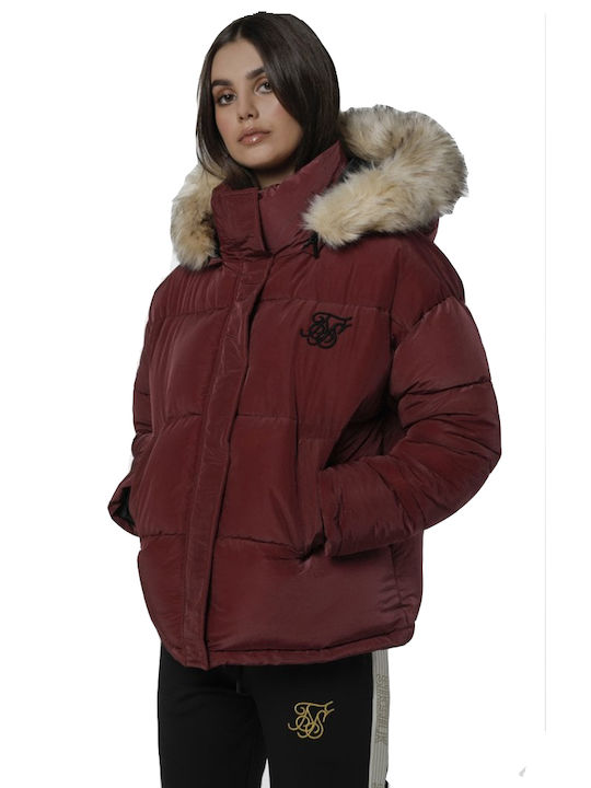 Sik Silk Κοντό Γυναικείο Puffer Μπουφάν για Χειμώνα Burgundy