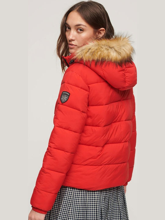 D3 Ovin Faux Women's Short Puffer Jacket for Winter with Hood Red