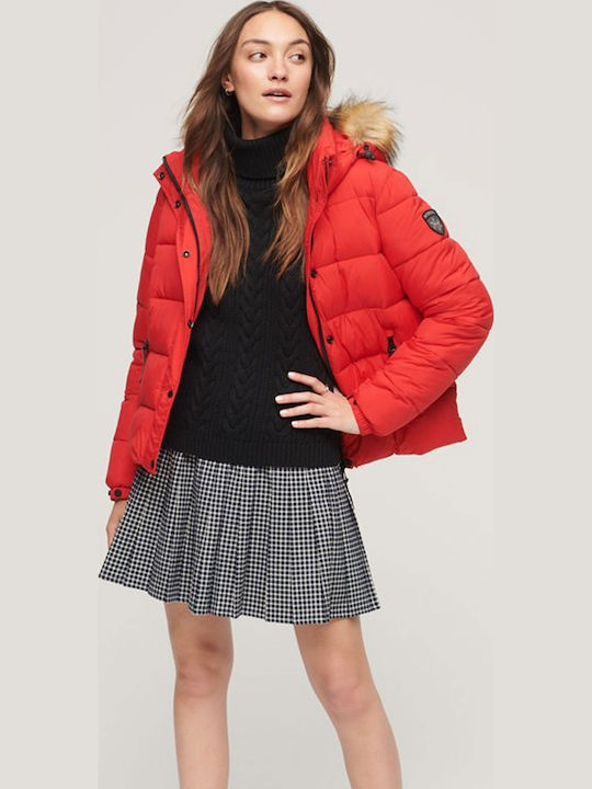 D3 Ovin Faux Women's Short Puffer Jacket for Winter with Hood Red