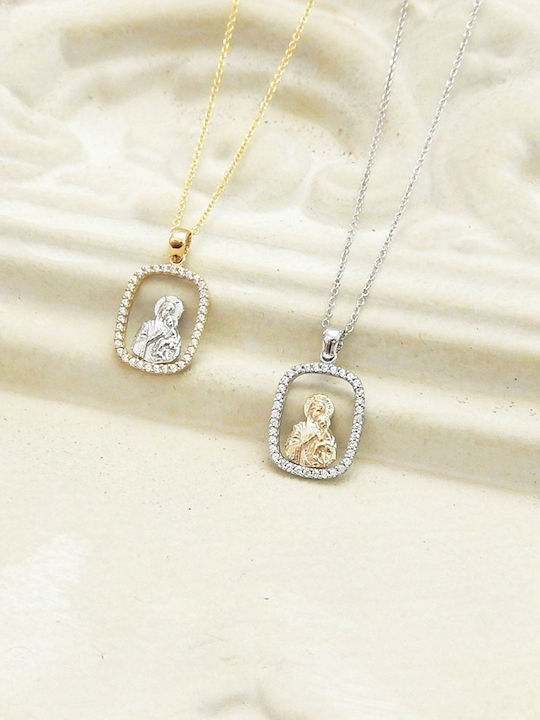 Polytimo Anhänger Kinder Amulett mit Kette mit der Jungfrau Maria aus Weißgold 9K XPK-108