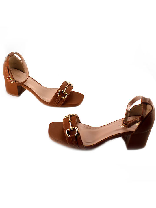 Plato Leather Women's Sandals with Ankle Strap Brown with Medium Heel