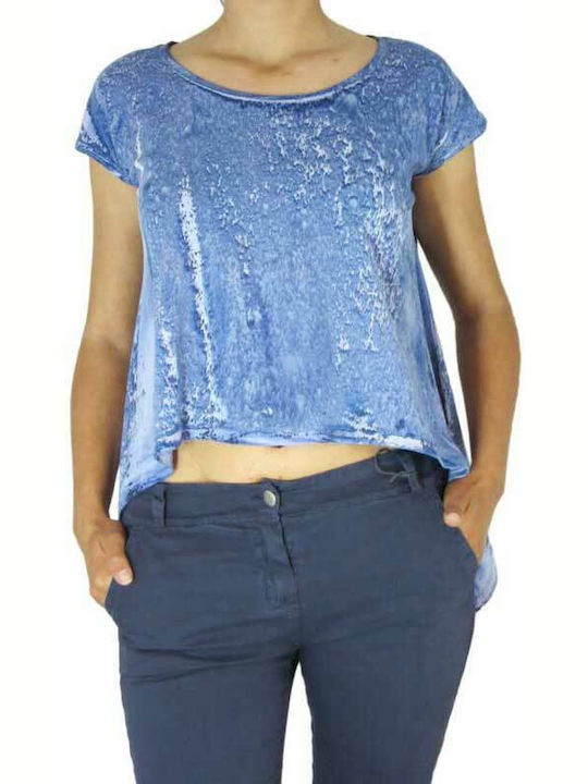 Bigbong Women's Crop Top Cotton Short Sleeve with Smile Neckline Blue marble.