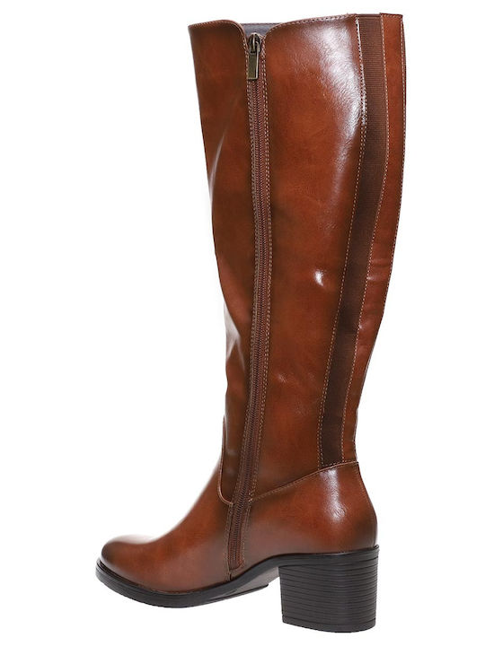 Leather Medium Heel Riding Boots with Rubber / Zipper Brown