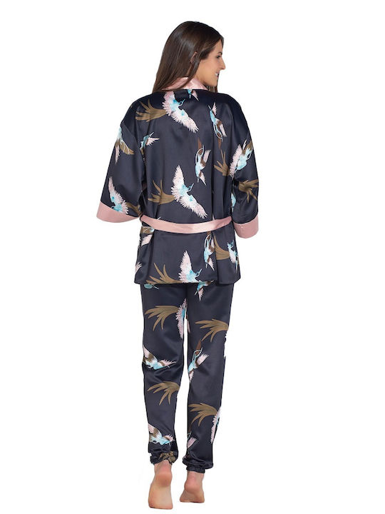 Sevim Winter Damen Pyjama-Set Satin Schwarz