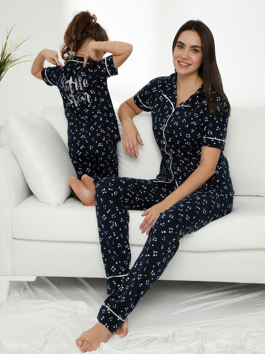 Sexen Kinder Schlafanzug Sommerlich Baumwoll Marineblau