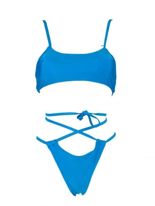 Set Bikini Dreieck mit Abnehmbarer Verstärkung & String Hohe Taille Blau