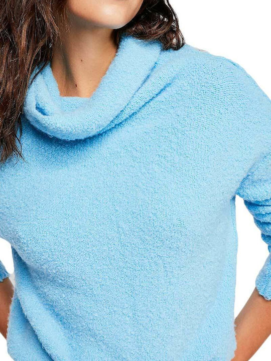 Bluze Damă Lungă cu Guler Înalt de Lână Albastru