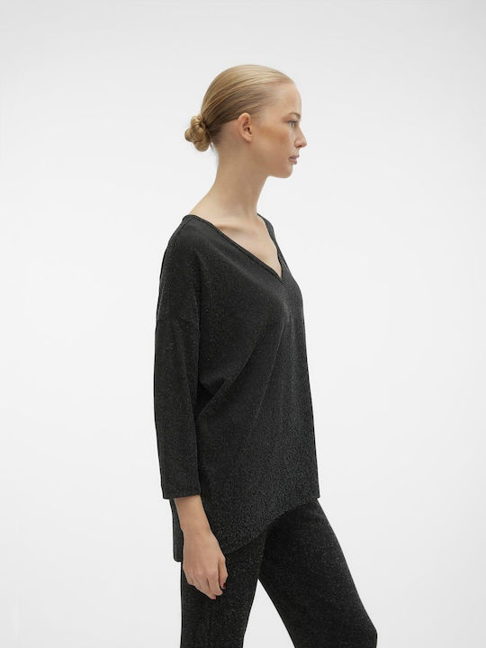 Women's Blouse with 3/4 Sleeve & V Neckline Black silver lurex
