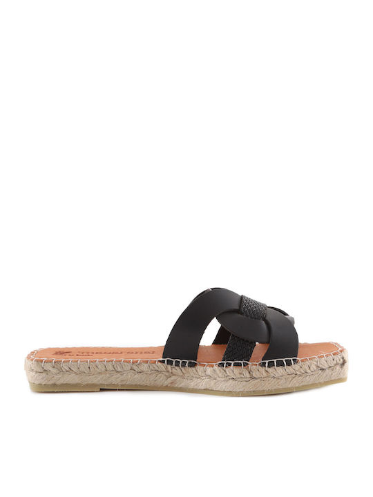 Leather Women's Flat Sandals in Black Color