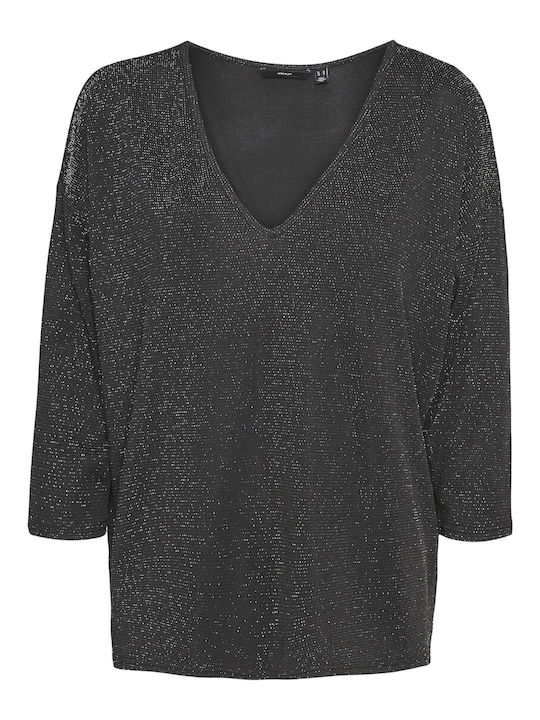 Women's Blouse with 3/4 Sleeve & V Neckline Black silver lurex