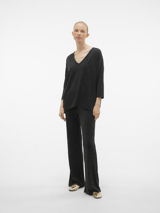 Women's Blouse with 3/4 Sleeve & V Neckline Black silver lurex