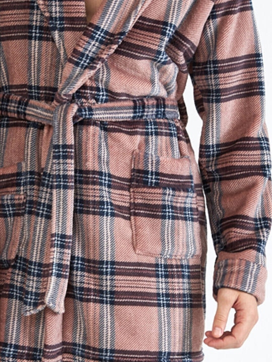Harmony Χειμερινή Καρό Ανδρική Ρόμπα Fleece Καφέ