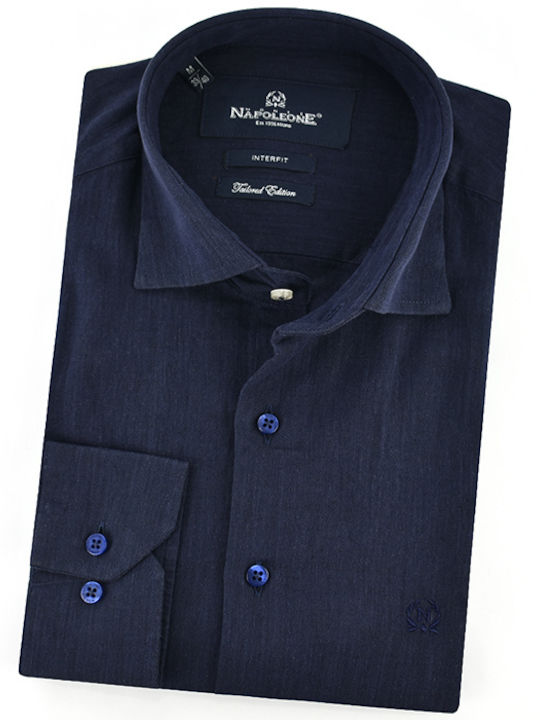 Monte Napoleone Men's Shirt Long Sleeve Linen Blue