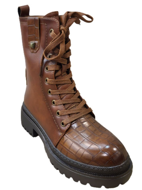 Super Mode Women's Leather Medium Heel Combat Boots Brown