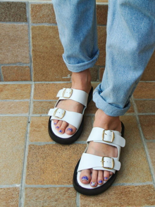 Leather Women's Flat Sandals Anatomic in White Color