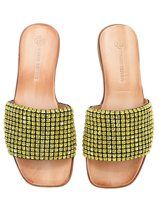 Δερμάτινα 100 Handmade Leather Women's Sandals with Strass Yellow