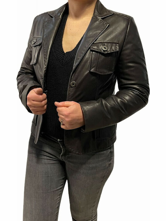 MARKOS LEATHER Κοντό Γυναικείο Δερμάτινο Μεσάτο Σακάκι Καφέ