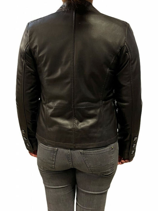 MARKOS LEATHER Κοντό Γυναικείο Δερμάτινο Μεσάτο Σακάκι Καφέ