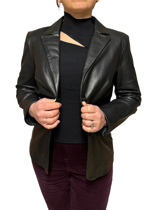 MARKOS LEATHER Γυναικείο Δερμάτινο Σακάκι Μαύρο